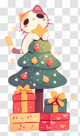 Christmas Cat - Adorable Cat Decorating Christmas Tree With Presents Transparent PNG