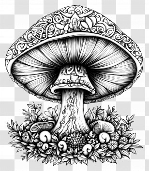 Mushroom Coloring Page - Intricate Black And White Mushroom Illustration Transparent PNG