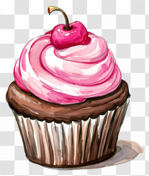 Cupcake - Pink Frosted Cupcake With Cherry On Top Transparent PNG