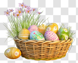 Flat Easter Egg Basket - Decorated Easter Basket With Eggs And Flowers Transparent PNG