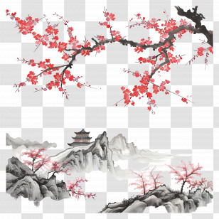 China Background - Cherry Blossom And Mountain Scene In Traditional Painting Style Transparent PNG