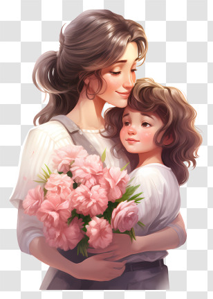 Mothers Day - Mother And Child Holding Flowers Transparent PNG