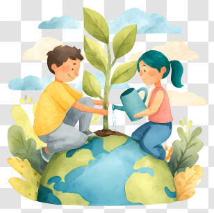 Earth Day - Children Planting Tree On Earth Transparent PNG