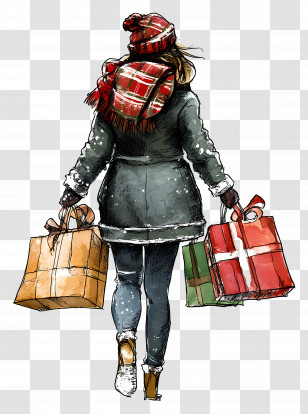 Christmas Shopping - Illustrated Woman Shopping In Winter Clothes Transparent PNG