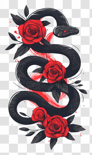 Sleeve Tattoo - Black Snake With Red Roses Illustration Transparent PNG