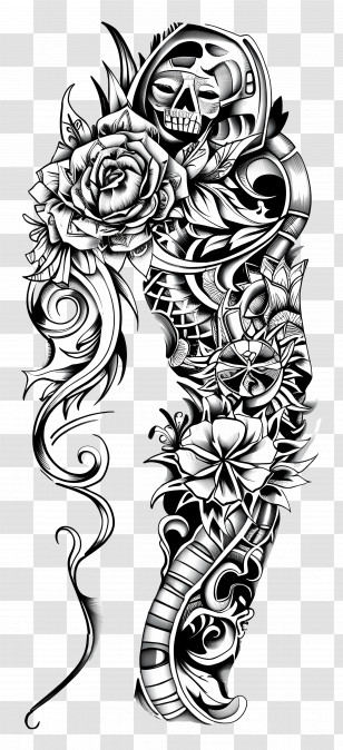 Sleeve Tattoo - Intricate Skull And Flowers Tattoo Design Transparent PNG