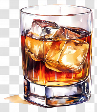 Watercolor Whiskey Glass - Glass Of Whiskey With Ice Cubes Transparent PNG