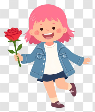 Little Girl Holding Roses - Happy Girl With Red Flower Transparent PNG