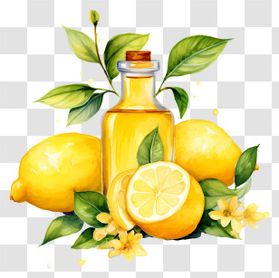 Lemon Oil - Lemon And Oil Illustration With Leaves Transparent PNG
