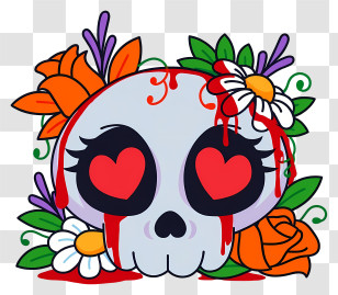 Halloween Skull Flowers - Heart-Eyed Skull With Flowers Transparent PNG