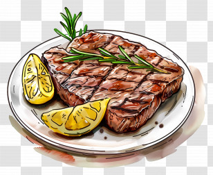 Steak - Grilled Steak With Lemon And Rosemary On A Plate Illustration Transparent PNG