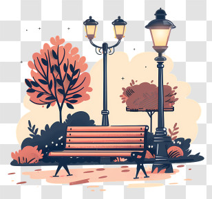 Park Bench - Park Bench And Streetlights Illustration Transparent PNG