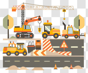 Road Construction - Construction Machinery Illustration With Roadwork Scene Transparent PNG