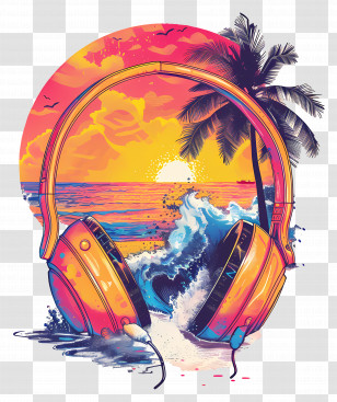 Beach Tunes - Artistic Headphones With Beach And Sunset Transparent PNG