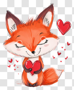 Valentine Fox - Cute Cartoon Fox Holding A Heart With Love Symbols Transparent PNG