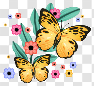 Yellow Butterflies - Yellow Butterflies And Colorful Flowers Transparent PNG