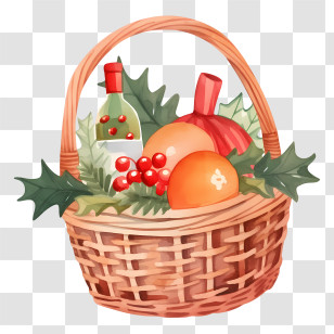 Christmas Basket - Holiday Basket With Fruits And Decorative Leaves Transparent PNG