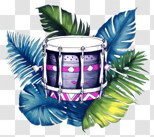 Watercolor Illustration - Colorful Drum With Tropical Leaves Transparent PNG