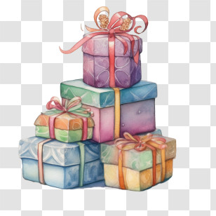 Christmas Gifts - Stack Of Wrapped Colorful Gift Boxes With Ribbons Transparent PNG
