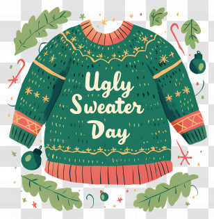 National Ugly Sweater Day - Green Ugly Sweater With Leaves And Ornaments Transparent PNG