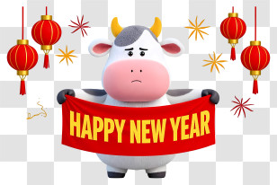 Cartoon Cow - Happy New Year Cow With Lanterns Transparent PNG