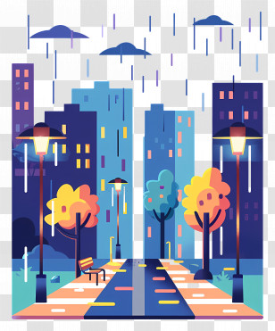 Rain - Rainy City Street With Colorful Trees Transparent PNG