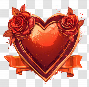 Valentine Symbol - Golden Heart With Roses And Ribbon For Romantic Design Transparent PNG