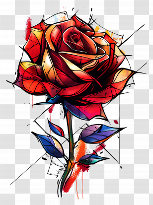 Rose Tattoo - Artistic Red Rose With Green Leaves Transparent PNG