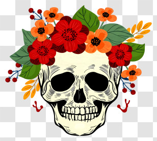 Halloween Skull Flowers - White Skull With Colorful Flowers Transparent PNG