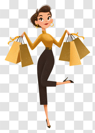 Woman Holding Shopping Bags - Stylish Shopper With Gold Bags Transparent PNG