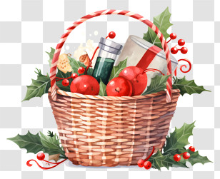 Basket Of Fruit - Christmas Gift Basket With Festive Decorations Transparent PNG