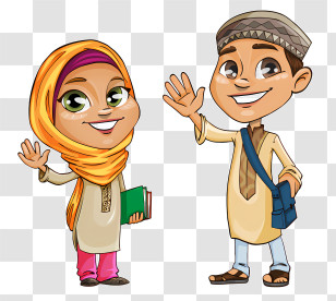 Muslim - Cartoon Illustration Of Muslim Children In Traditional Clothing Transparent PNG