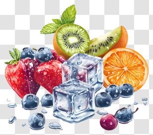 Fresh Fruit With Icecube - Mixed Fruits With Ice Cubes Transparent PNG