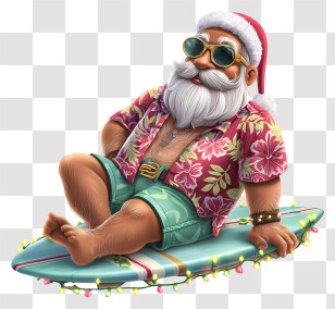 Christmas In July - Santa Claus Relaxing On A Surfboard Transparent PNG