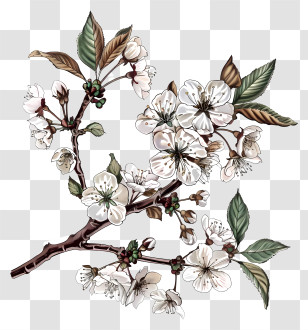 Blooming Cherry Tree Branch - Blossoming Cherry Branch With White Flowers Transparent PNG