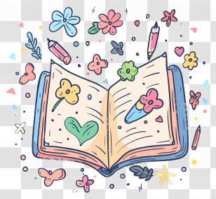 Doodle Book - Open Book With Flowers And Pencils Transparent PNG