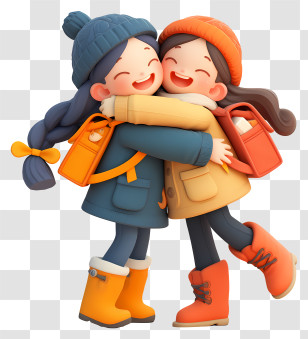 Friendship Day - Cartoon Girls Hugging In Winter Coats Transparent PNG