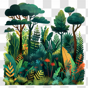 Dense Forest - Vibrant Jungle Artwork With Lush Plants And Trees Transparent PNG