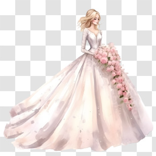 Wedding Dress
 - Bride With Flowing Gown And Bouquet Illustration Transparent PNG