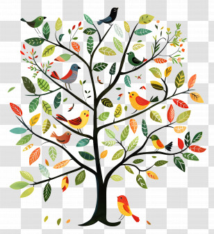 Tree With Birds - Tree Filled With Colorful Birds Illustration Transparent PNG