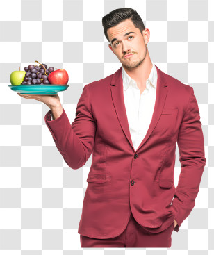Businessman Holding Fruits Plate - Man In Burgundy Suit With Fruit Transparent PNG