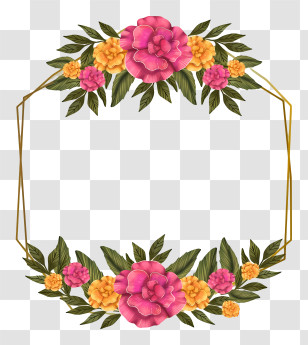 Wedding Invitation - Geometric Floral Frame With Pink And Yellow Flowers Transparent PNG