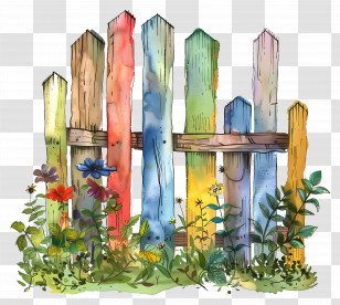 Garden Fence - Colorful Painted Wooden Fence With Flowers Transparent PNG