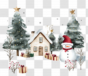 Christmas House - Snowman And Cottage In Festive Winter Scene Transparent PNG