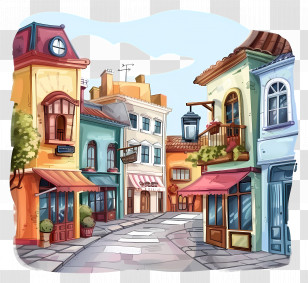 Town Street - Charming City Street Scene Illustration Transparent PNG