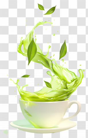 Green Tea - Dynamic Green Tea Splash With Fresh Leaves Transparent PNG