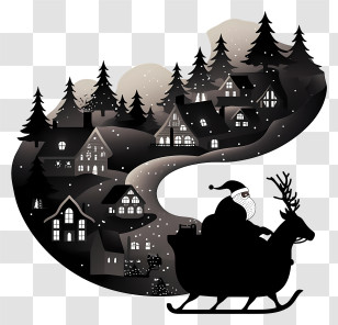 Rooftop Santa Sleigh Silhouette - Santa Silhouette Over Snowy Town Transparent PNG