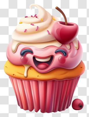 3d Cartoon Dessert - Happy Cupcake With Cherry Topping In Cartoon Style Transparent PNG