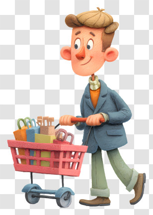 Shopping Man Holding Shopping Cart - Cartoon Shopper Pushing Cart Transparent PNG