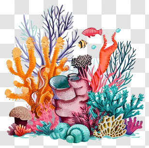 Hand Drawn Coral Reef - Vibrant Coral Reef With Tropical Fish Illustration Transparent PNG